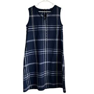 Navy Blue and White Plaid Linen Cottagecore Tank Midi Dress Size Large